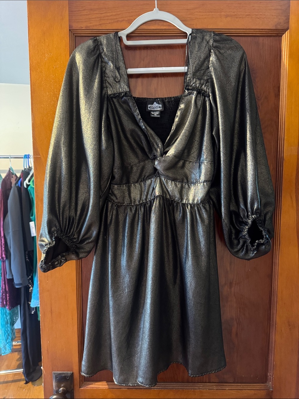 Angie Metallic Black Twist-Front Long Sleeve Mini Dress